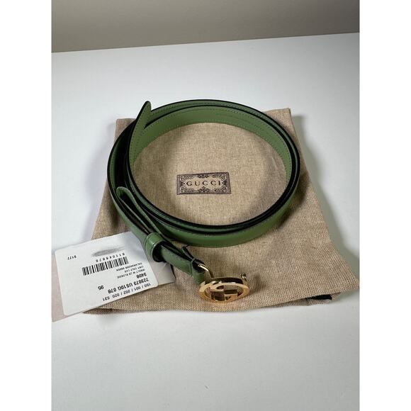 New Auth Gucci Green Leather Blondie Thin Belt IT85 US34 - Picture 6 of 7